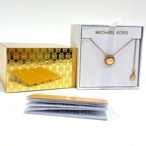 NEW Michael Kors Crystals Paved Disc Medallion Necklace Rose Gold